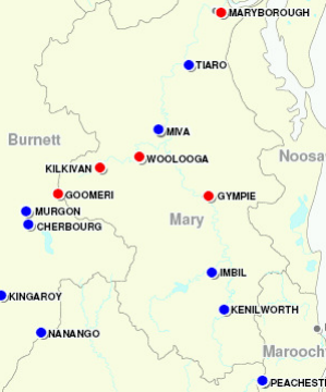 Location map - 2011 Maryborough Flood (Red dots - flood inundated towns. Blue dots - flood affected towns)